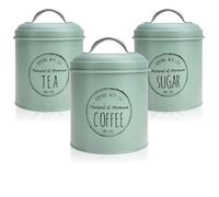 com-four® 3x tarros de almacenamiento de diseño vintage - Latas redondas de metal para almacenar café, té y azúcar - Juego de cocina decorativo con tapa - Lata de café (3x verde menta pastel)