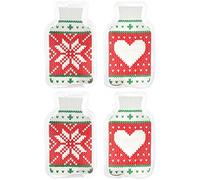 COM-FOUR® 4X Calentador de Bolsillo Mini Botella de Agua Caliente - Calentador de Manos en diseño de suéter de Punto - Almohadilla térmica para Llevar (04 Piezas - Cuello Alto Rojo/Verde)