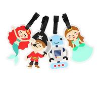 COM-FOUR® 4x etiquetas de equipaje de plástico blando - Etiquetas para maletas y bolsos con pegatinas de dirección (04 uds. - Robot. Pirata. Princesa. sirena)