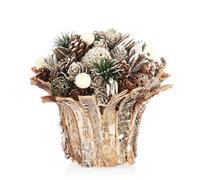 com-four® Arreglo navideño en una Maceta - Varios Tipos de Conos y Cuentas de Madera en una Maceta de Corteza Decorativa - Arreglo Floral Hecho a Mano (1 Pieza - 16cm - Blanco - Perlas)