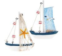 com-four® Barco Decorativo marítimo de Madera - Barco pesquero con Red de Pesca y Conchas - Barco de Madera para decoración - velero Decorativo náutico (02 Piezas - Barco de Pesca 13cm)