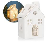 com-four® Casa LED de Porcelana - casa de luz Que Funciona con Pilas - casa de luz Decorativa Blanca Brillante para decoración navideña e Invernal (Casa - 13cm)