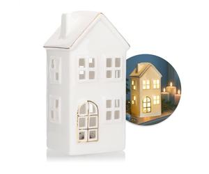 COM-FOUR® Casa LED de Porcelana - casa de luz Que Funciona con Pilas - casa de luz Decorativa Blanca Brillante para decoración navideña e Invernal