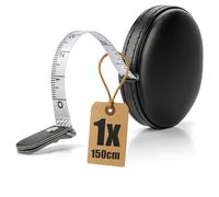 com-four® Cinta Métrica 150 cm en Funda de Cuero Negra - Medidor con Bloqueo y Retorno Automático - Cinta Blanca Compacta de 0,8 cm (1 pieza - negra 150cm)