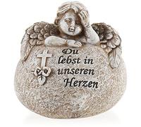 com-four® Decoración de Tumba en Forma de corazón con ángel - Piedra Conmemorativa con inscripción, Cruz y Rosas - Piedra de luto (1 Pieza - Ángel Vives en Nuestros Corazones)