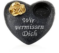 com-four® - Decoración funeraria en forma de corazón con una rosa dorada, piedra conmemorativa con soporte para vela funeraria, piedra de duelo con dicton conmemorativo (1 unidad, corazón rosa dorado)