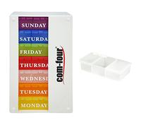 COM-FOUR® Dispensador de medicamentos 7 días en INGLÉS - Dispensador semanal para mañana, mediodía, tarde - Pastillero con 3 compartimentos para el viaje [INGLÉS] (blanco)