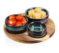 com-four® juego 4 piezas, cuencos con bandeja de madera para tapas mezze antipasti, 3 recipientes de distintos tamaños con bandeja de acacia (Juego de 4 piezas negro)
