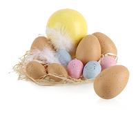 com-four® Juego de 11 Huevos de Pascua para Colgar - Coloridos Adornos Colgantes en 3 tamaños para Pascua - decoración de Huevos con Plumas y Paja (11 Piezas - Amarillo/Rosa/Azul/Beige)