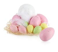 com-four® Juego de 11 Huevos de Pascua para Colgar - Coloridos Adornos Colgantes en 3 tamaños para Pascua - decoración de Huevos con Plumas y Paja (11 Piezas - Amarillo/Rosa/Blanco/Verde)
