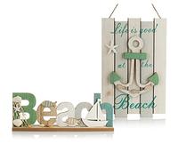 COM-FOUR® juego de 2 piezas decoración marítima de madera - decoración colgante y decoración de mesa - soporte y colgador de madera (2 piezas - percha + soporte verde-azul)
