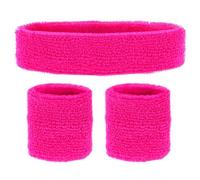 COM-FOUR® Juego de Accesorios de 3 Piezas - Diadema y 2 Pulseras Rosa neón - Aspecto de los 80 - Accesorios para Carnaval, Carnaval, Fiesta temática, JGA, Deportes, aeróbic, Tenis