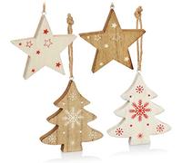 COM-FOUR® Juego de decoración Colgante de 4 Piezas - Perchas de Madera en Forma de Estrella y Abeto - decoración para Navidad [la selección varía] (13cm)