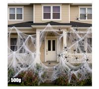 com-four® Juego de decoración de 26 Piezas para Halloween - Telaraña elástica de 500 g con 25 arañas Negras - Telaraña Blanca para Halloween, Carnaval, Fiestas de Terror o temáticas