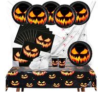 COM-FOUR® Juego de decoración de Halloween de 26 piezas con tela de araña, arañas, vasos, platos, servilletas y mantel. (Mantel individual de calabaza de 026 piezas)