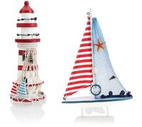 com-four® Juego de decoración marítima de 2 Piezas - Barco de Vela y Faro de Madera Decorativos para un Ambiente marítimo en su hogar (02 Piezas - Barco de Vela + Faro Azul/Rojo)