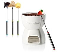 COM-FOUR® Juego de fondue de chocolate premium - cuenco de cerámica con portavelas y 4 tenedores - crisol para chocolate y queso - crisol - cuenco de postre para 4 personas (blanco)