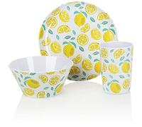 COM-FOUR® Juego de vajilla de 3 piezas - Vajilla reutilizable, reutilizable de melamina - Tazas, cuencos y platos con un diseño veraniego (3 piezas - limones)