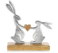com-four® Pareja de conejitos Decorativos de Primera Calidad con corazón - Conejitos de Metal sobre Base de Madera de Mango - Conejitos de Pascua para Colocar (01 Pieza - Conejos con corazón L)
