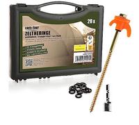 COM-FOUR® Piquetas de Tienda 20x, piquetas de Acero robustas con Soporte para Hilo y Cuerda, piquetas para Suelo de Roca para Acampar, Caja con Ganchos para Tienda de campaña para Suelo Duro y Madera