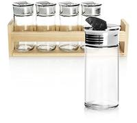 COM-FOUR® set de 6 dosificadores de especias, frascos con tapa en estante de madera, salero y pimentero para cocina y organización en diseño moderno (Juego de 6 piezas - separador/estante)