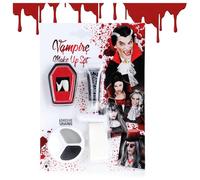 COM-FOUR® Set de Maquillaje de Halloween de 5 Piezas: Accesorios para Disfraz de Vampiro con Dientes de Vampiro, Sangre Falsa, Esponja, Cuentas Adhesivas y Paleta de Maquillaje