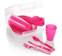 COM-FOUR® Set de Picnic de 31 Piezas, vajilla para 6 Personas, Ideal para Acampar, Playa y Viajes de mochilero (Rosado)