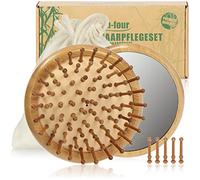 COM-FOUR® Set premium para el cuidado del cabello de 2 piezas - Cepillo desenredante de bambú y un pequeño espejo de peluquería - Cepillo desenredante (2 partes - Cepillo de enredos + espejo)