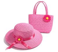 com-four® Sombrero Verano niña con Bolso - Set de Paja con Flor - Sombrero de Sol para Playa, Vacaciones y Ocio - Ligero con Bolso a Juego (Rosa - Sombrero/Bolso)