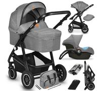 LIONELO BIANKA Cochecito de Bebé 3 en 1 (22 kg) Portabebés (9 kg) Silla de Coche (13 kg), Plegable, Sistema de Viaje Respaldo Ajustable Ruedas 360o Amortiguación, Capota XXL, Carrito de Bebe (Grey)
