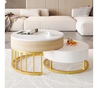 Combinación de mesa de centro redonda grande y pequeña, tablero de mesa ajustable en altura, cajón, estructura metálica dorada, blanco combinado con aspecto de madera, cuerpo de MDF, mesa de salón