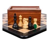 Combinación del Juego de ajedrez del Campeonato de 1972 Fischer Spassky: Piezas de boj ebonizado con Tablero de ajedrez y Caja de Almacenamiento de ébano.