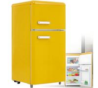 Combinación frigorífico-congelador retro: Dos puertas, 86,8 cm de alto, 45,5 cm de ancho, frigorífico pequeño de 60 litros de volumen total, silencioso, 120 kWh/año,Yellow