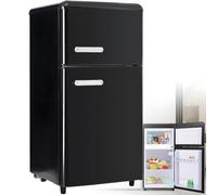 Combinación frigorífico-congelador retro: Dos puertas, 86,8 cm de alto, 45,5 cm de ancho, frigorífico pequeño de 60 litros de volumen total, silencioso, 120 kWh/año,Black