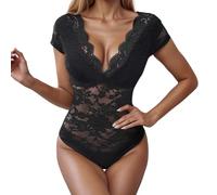 Combinaison grande pour femme, col en V, dentelle, manches courtes, barboteuse, tenue d'été décontractée, élégante, ajourée, en dentelle, confortable, extensible, basique, couleur unie (Black, XL)