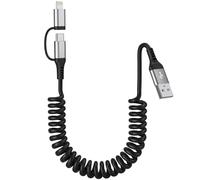 Combo de cable USB a USB-C y Lightning, cable cargador 2 en 1 en espiral para iPhone Apple Carplay y Android Auto, [carga rápida MFi y 3A] Cable Lightning retráctil y cable USB C para iPhone 16/15/14