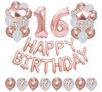 Combo de pancarta de feliz cumpleaños de 40 pulgadas, 1 estrella y 1 corazón, globos de aluminio de 12 pulgadas, 12 piezas metálicas, 12 globos lisos y 12 globos de confeti para decoración de fiestas