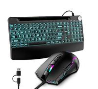 Combo de teclado y mouse con cable de impresión grande USB C (tipo C)/USB A, con teclas de tijera silenciosas, soporte para teléfono, perilla de volumen y mouse jiggler, para MacBook, Mac, Windows y