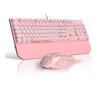 Combo de teclado y mouse estilo máquina de escribir rosa retro, bonito teclado mecánico con cable iluminado con interruptores rojos lineales, tamaño completo para juegos, trabajo, Mac, PC, Windows