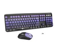 Combo de teclado y mouse inalámbricos, 104 teclas redondas, bonito teclado y mouse coloridos con máquina de escribir retro para PC/Mac/portátil/tableta/computadora/Windows/negro morado