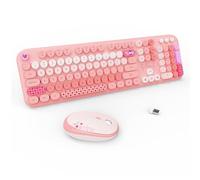 Combo de teclado y mouse inalámbricos, 104 teclas redondas de tamaño completo, lindo teclado y mouse inalámbricos rosa con máquina de escribir retro para