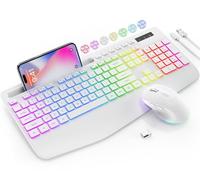 Combo de teclado y mouse inalámbricos, 9 efectos retroiluminados, reposamuñecas, soporte para teléfono, teclados ergonómicos sin retrasos de 2.4 G, juego inalámbrico silencioso recargable para