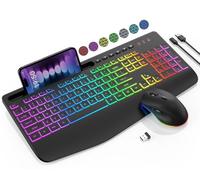 Combo de teclado y mouse inalámbricos, 9 efectos retroiluminados, RGB, reposamuñecas Ergo, soporte para teléfono, tamaño completo de 2.4 G, recargable, modo de suspensión, juego silencioso KM22 MAX