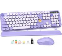 Combo de teclado y mouse inalámbricos, bonitas teclas redondas, teclado retro de tamaño completo con reposamuñecas desmontable, conexión inalámbrica de 2.4 GHz para Mac/Windows/PC/portátil (morado y