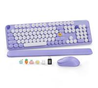 Combo de teclado y mouse inalámbricos, bonitas teclas redondas, teclado retro de tamaño completo con reposamuñecas desmontable, conexión inalámbrica de 2.4 GHz para Mac/Windows/PC/portátil (morado y