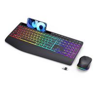 Combo de teclado y mouse inalámbricos, mouse y teclado retroiluminados RGB de doble sistema, recargable de 2.4 G, diseño ergonómico silencioso de tamaño completo con soporte para teléfono para