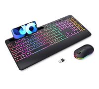 Combo de teclado y mouse inalámbricos, mouse y teclado retroiluminados RGB de doble sistema, recargable de 2.4 G, diseño ergonómico silencioso de tamaño completo con soporte para teléfono para