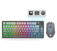 Combo de teclado y mouse inalámbricos para juegos, 75 % BT5.0/2.4 GHz/USB-C, teclado retroiluminado RGB + ratones 3D 1600DPI, batería de 2000 mAh, 80 teclas, control de volumen de perilla (gris
