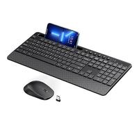 Combo de teclado y mouse inalámbricos, teclado de máquina de escribir de tamaño completo con soporte para teléfono, reposamuñecas, modo de suspensión, clic suave, conexión inalámbrica de 2.4 GHz para