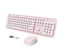 Combo de teclado y mouse inalámbricos, teclado ergonómico de tamaño completo, teclado redondo retro, compatible con Windows, PC, perfecto para teclados del hogar y la oficina (rosa encantador)